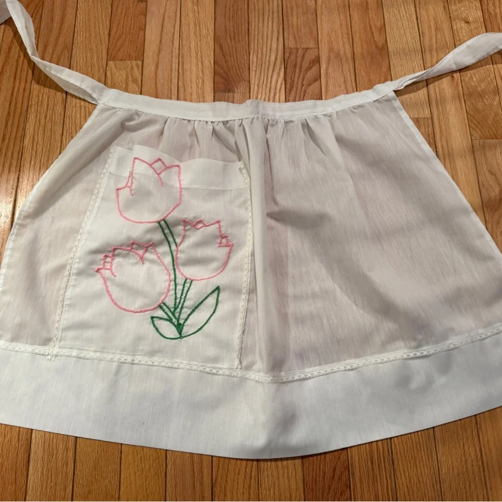 White Apron with Pink and Green Tulip zHandmade Embroidery Easter Spring